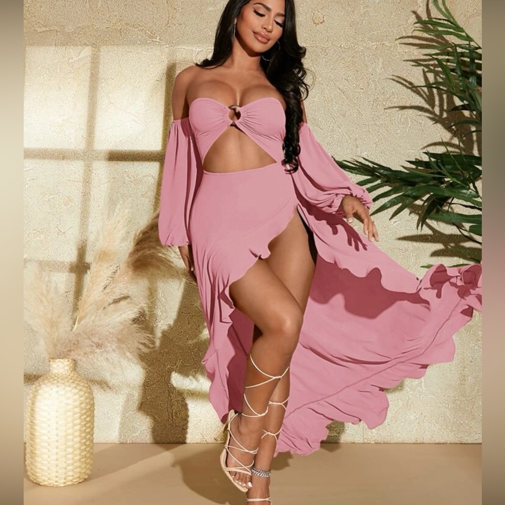 Pink dress with open back.